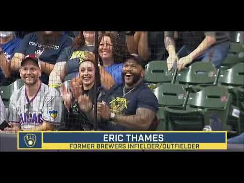 元巨人テームズが古巣ブルワーズの試合を観戦 ビールの一気飲みを披露!!!