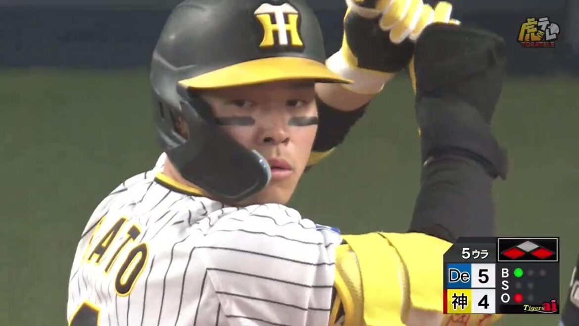Hanshin-Tigers: 【同点】5回裏、佐藤輝選手の一打でついに試合が振り出しへ!中野選手が軽快に生還!【2023/4/1T-DB】