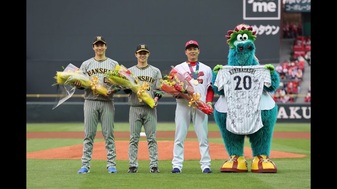 Hanshin-Tigers: 【WBC表彰】#湯浅京己 選手 #中野拓夢 選手に、広島カープさんからWBC優勝の表彰!#新井監督 から花束が贈られ、広島カープの#栗林良吏 選手にも金メダルが贈呈され場内が拍手で包まれました!