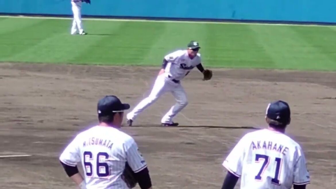 シートノック名物【奥村展征選手 #00 ダイビンググラブトス】@ヤクルトスワローズ 浦添キャンプ2023 2 19