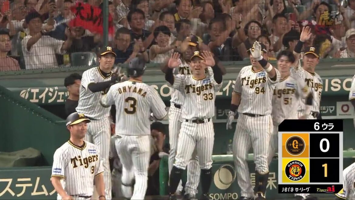 Hanshin-Tigers: 【4番が均衡破る】6回裏、#大山悠輔 選手のセンター犠牲フライで先制に成功!【2023/9/14T-G】