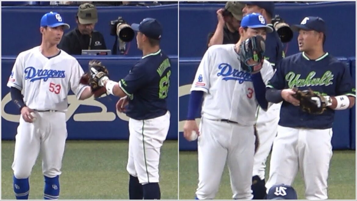 オリックスでドラフト同期の後藤駿太、ドラゴンズで仲良しだった高橋周平と話し込む三ツ俣 (2023/08/29)