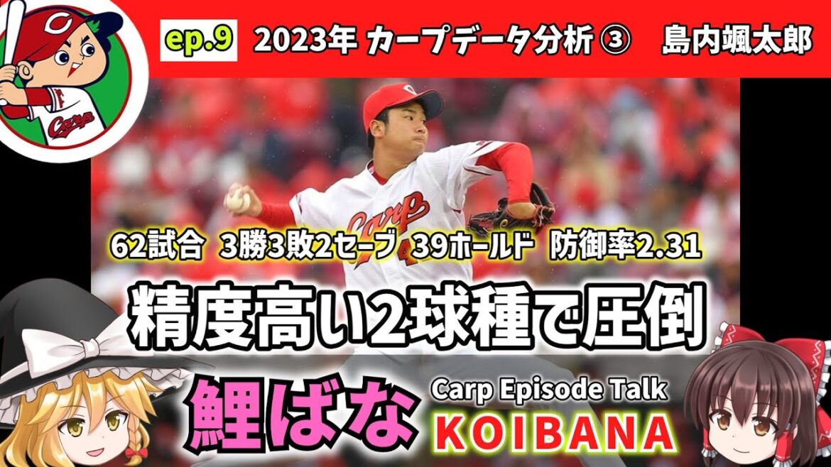 【鯉ばな：ep9】2023年カープデータ分析③ 島内颯太郎。精度高い2球種で圧倒。62試合 3勝3敗2セーブ 39ホールド 防御率2.31。