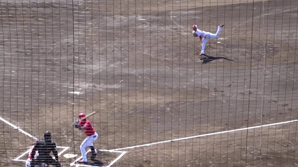 【カープ紅白戦・1回表】玉村昇悟投手 vs 野間峻祥 → 中村奨成 → 韮澤雄也 → 末包昇大選手/石原貴規捕手の盗塁阻止　～広島東洋カープ・春季日南キャンプ2022～