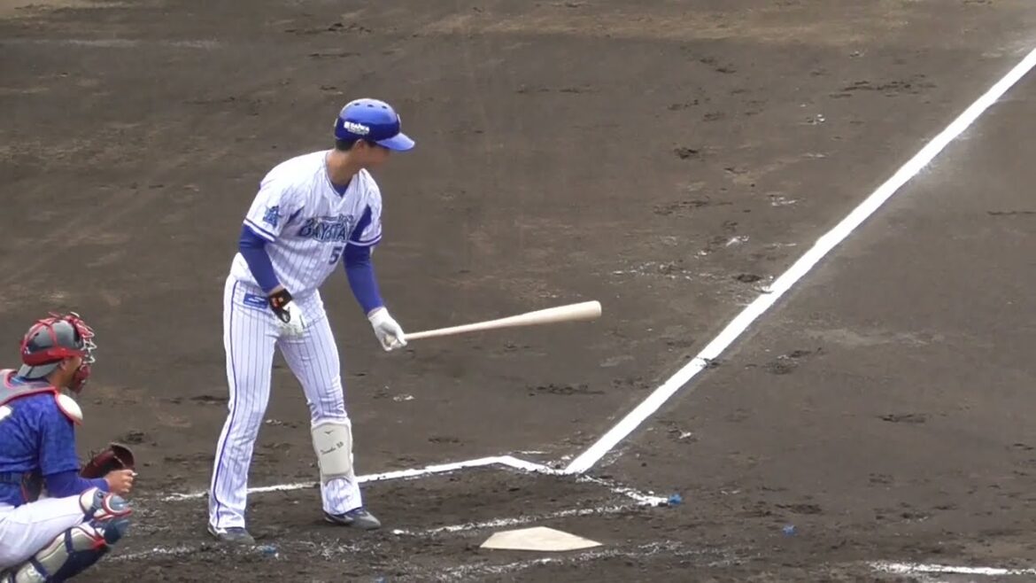 2022年2月 ファーム練習試合 横浜DeNA ー 沖縄電力 田部選手 第１打席 タイムリーヒット