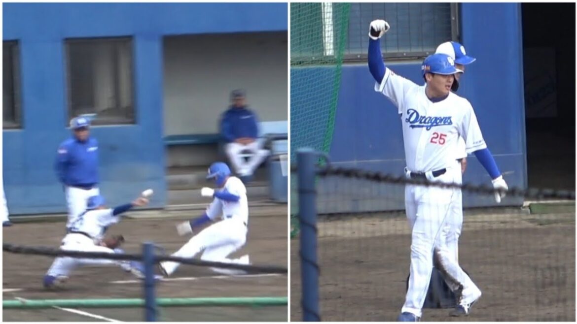 走者ありのシートノックで石川昂弥が1塁から激走ホームイン！盛り上がるナゴヤ球場！（2023年11月19日）