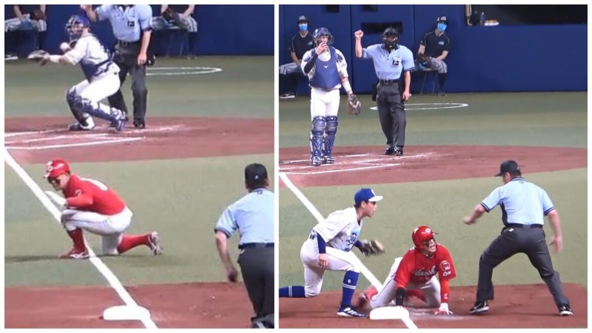 バッター空振り、慌てて帰塁する小園を仕留める木下拓哉（2022年7月9日）