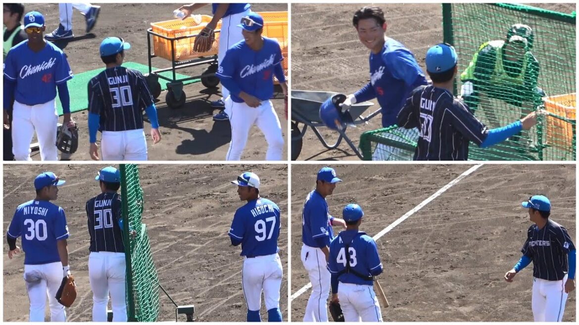 古巣・中日の選手たちと言葉を交わす日本ハム郡司裕也（2023年10月21日）