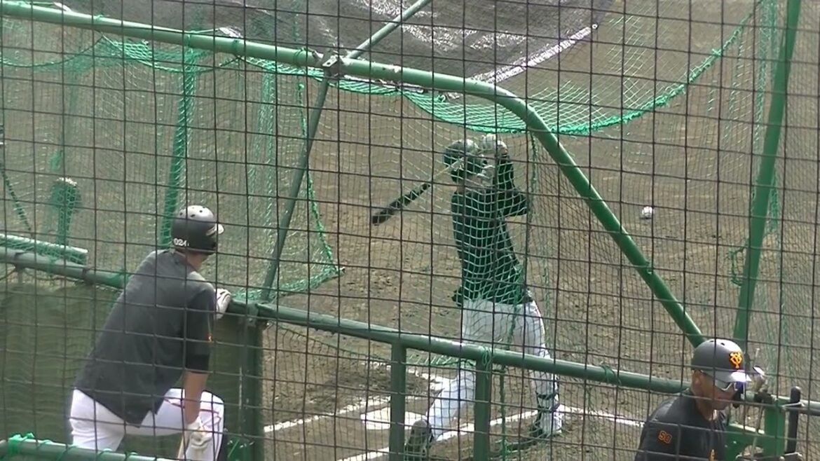 加藤廉のフリーバッティングを見る秋広優人〜ジャイアンツ秋季練習   練習初日ジャイアンツ球場2023年10月14日