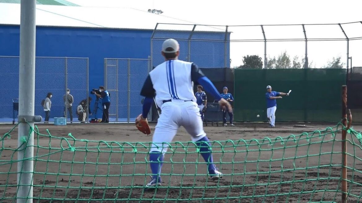 田中浩康コーチのノックを受ける京田陽太を後ろから撮影（2023年2月9日）