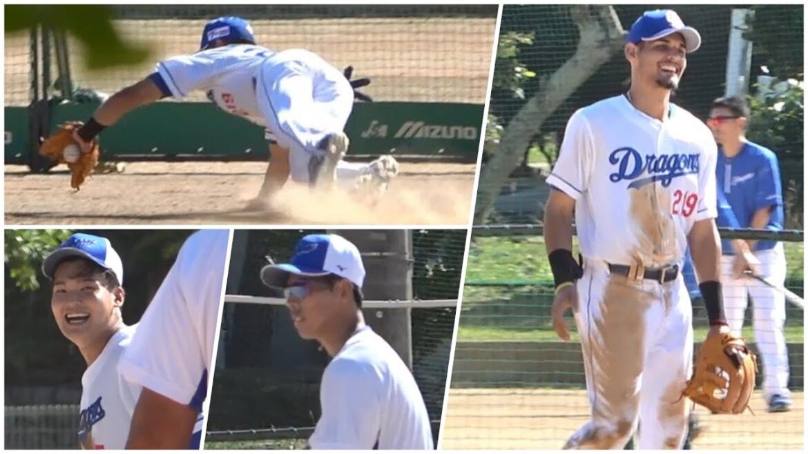 石川昂弥・樋口・ロドリゲス、計33本連続ノーエラーで終了のノック。途中ロドリゲスのスーパープレーも飛び出てついに成功！（2024年2月2日）