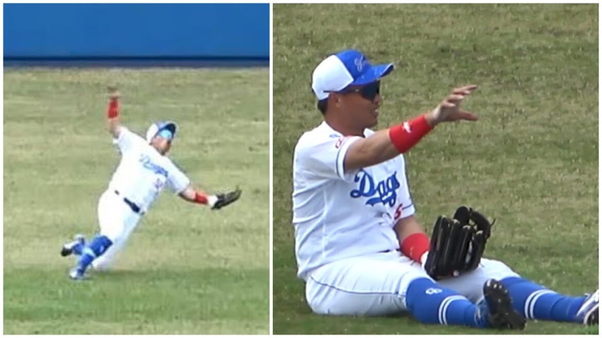 石川昂弥の揺れる打球を加藤翔平がナイスキャッチ！ライトの後藤駿太に説明する加藤（2024年2月3日）