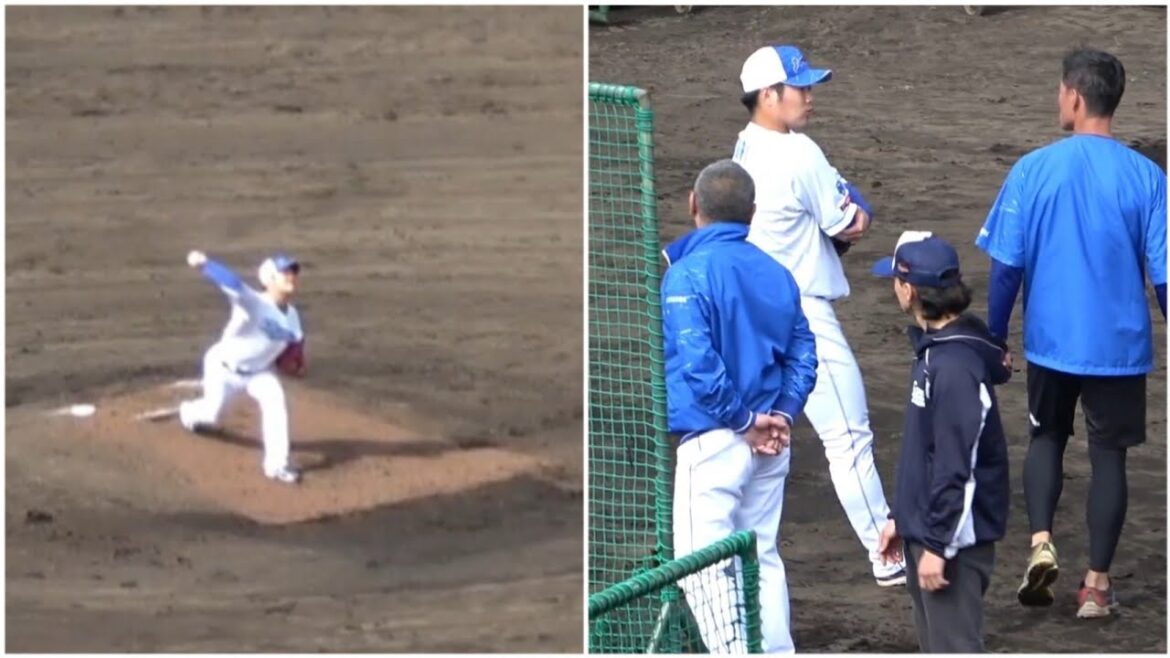 森博人がシート打撃の途中でマウンドを降りてベンチ裏へ。右肘を押さえる仕草も（2024年2月6日）