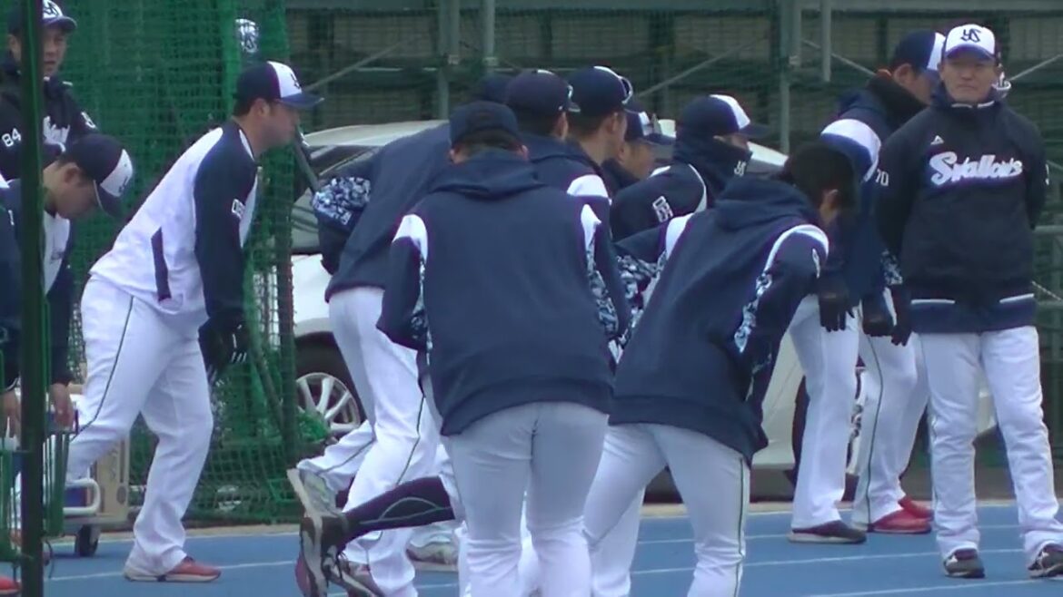 星知弥や柴田大地など選手たちが寒い中でストレッチ【ヤクルトスワローズ2軍戸田春季キャンプ2024年2月2日】