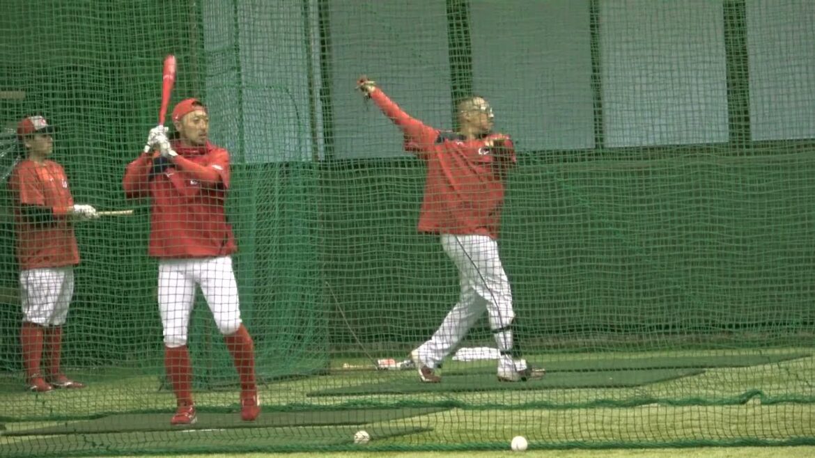 【広島カープ】菊池涼介・松山竜平・ 田中広輔・會澤翼のベテラン組 マシンバッティング 2024 キャンプ  現地映像