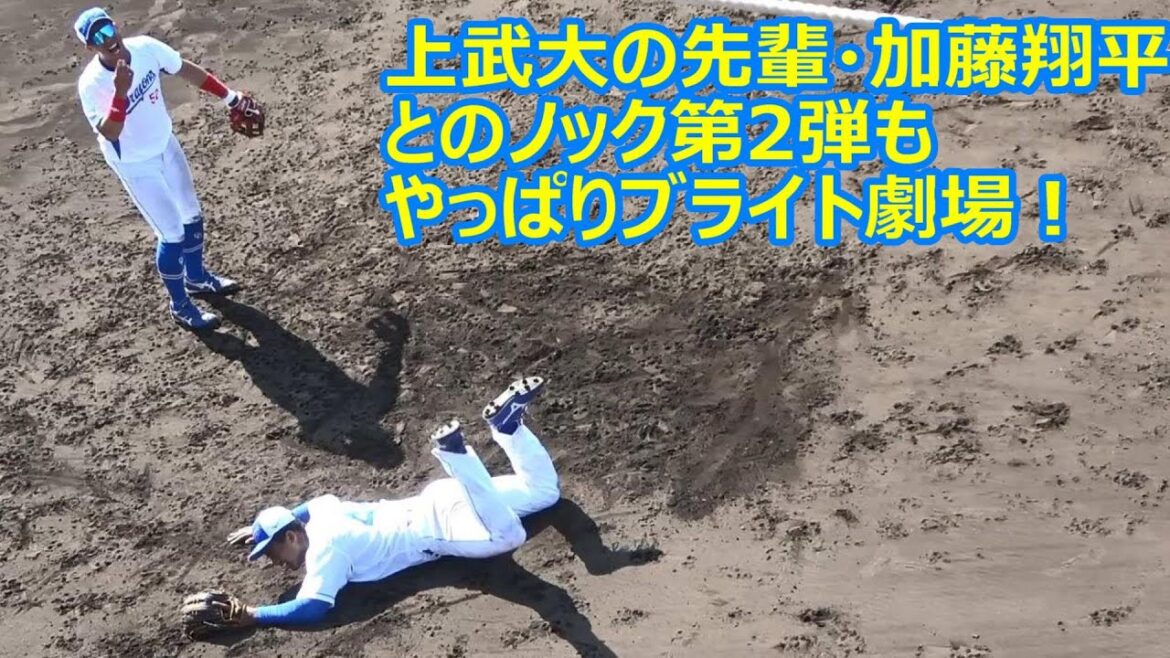 ブライト＆加藤翔平のお笑いノック第2弾！「翔平さんのタオルとかやめた方がいいっすよ」（笑）小さな女の子の「大丈夫？」の声にも全力で応えるブライト（2024年2月17日）