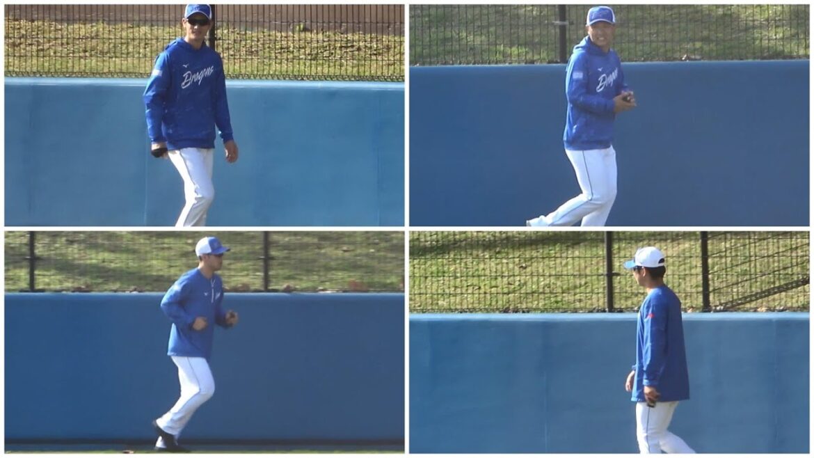 全体アップ中に外野フェンス沿いを黙々と歩き続けるドラ1ルーキー草加勝、走り続ける福元・森・川上（2024年2月12日）