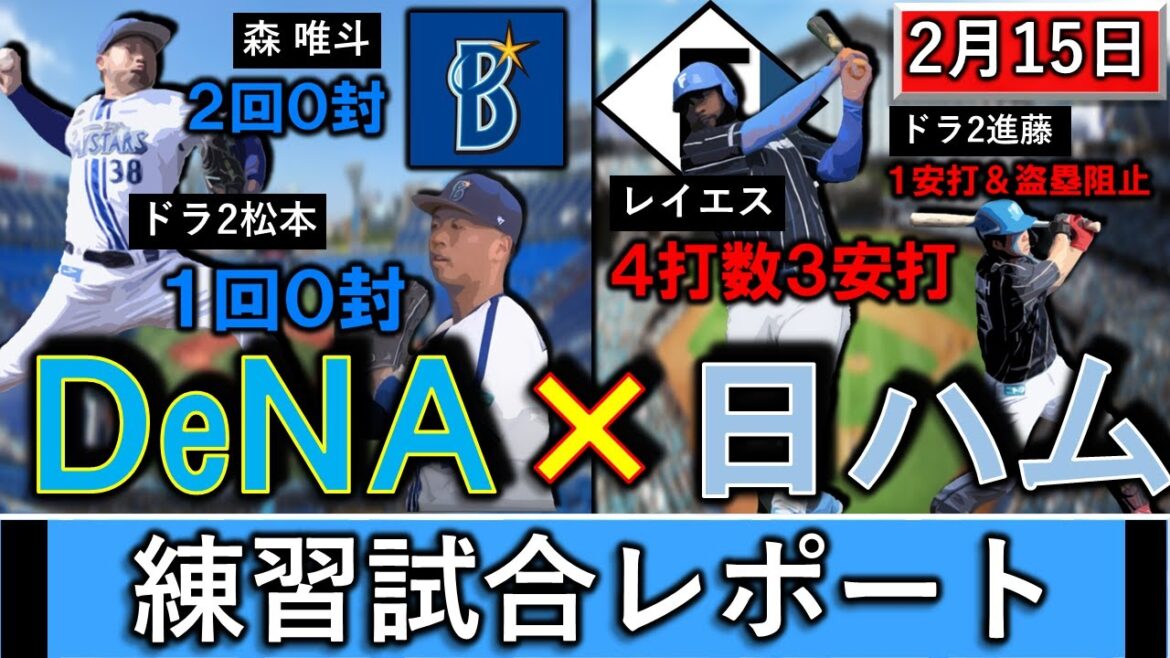 ２月１５日春季キャンプ「DeNA×日本ハム」練習試合レポート　DeNAはSB戦力外『森唯斗』が２回０封＆ドラ２『松本凌人』が１回０封！日ハムは『レイエス』猛打賞＆ドラ２『進藤勇也』が１安打に盗塁阻止！