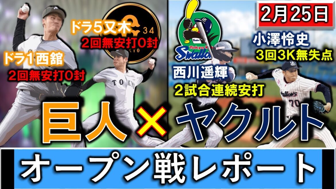 ２月２５日「巨人✕ヤクルト」オープン戦レポート　巨人はドラ１『西舘勇陽』とドラ５『又木鉄平』が共に２回無安打無失点！ヤクルトは『西川遥輝』が２試合連続安打＆『小澤怜史』が３回３奪三振無失点！