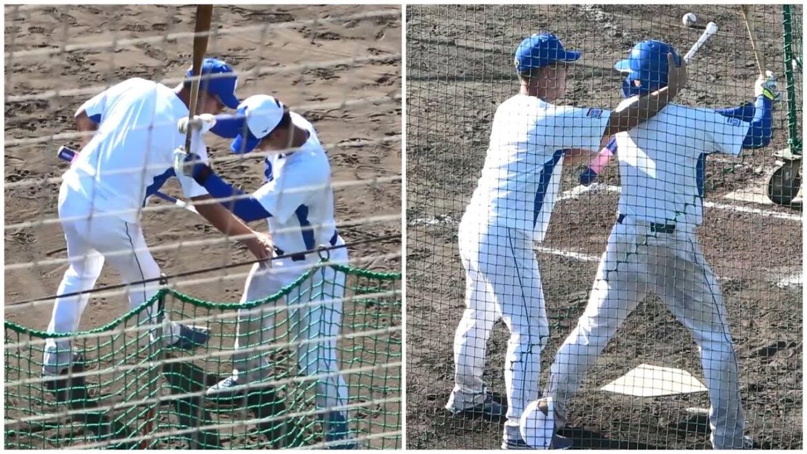 キャンプ初日から石川昂弥に熱血打撃指導する井上2軍監督（2024年2月1日）