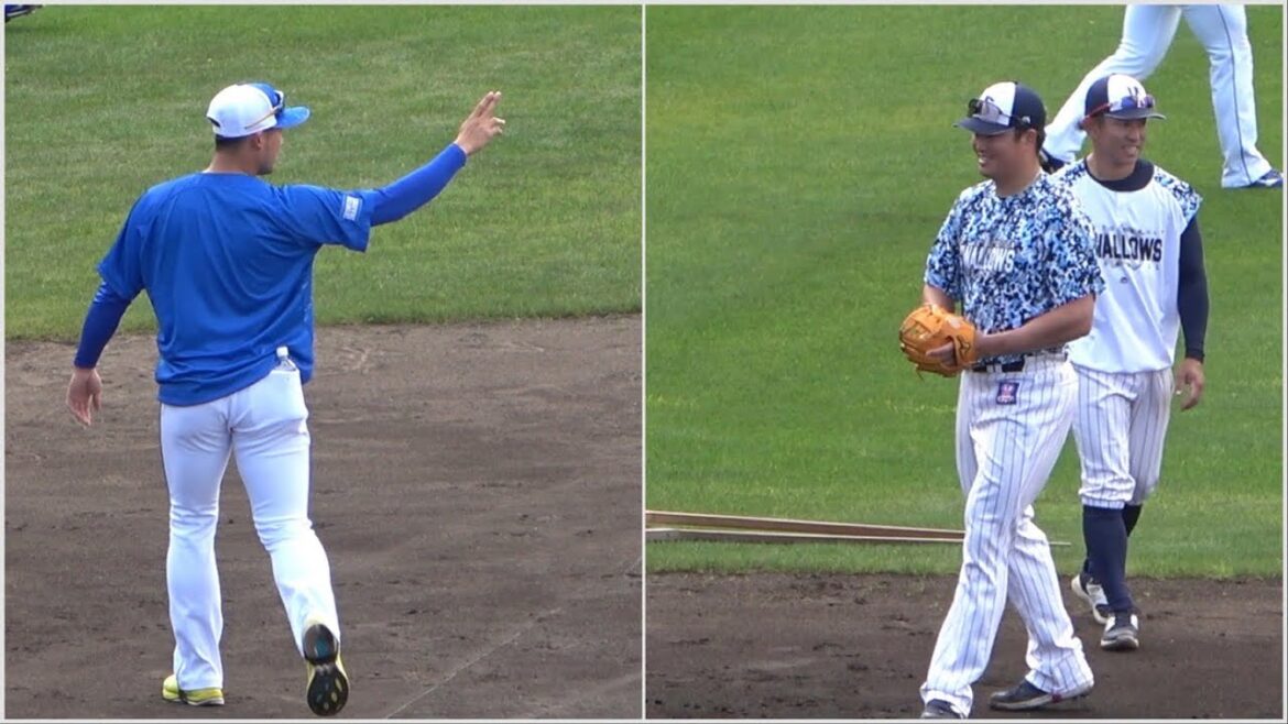 移籍後初の古巣スワローズ戦、村上などの元チームメイト達と話す梅野！ (2024/02/18)