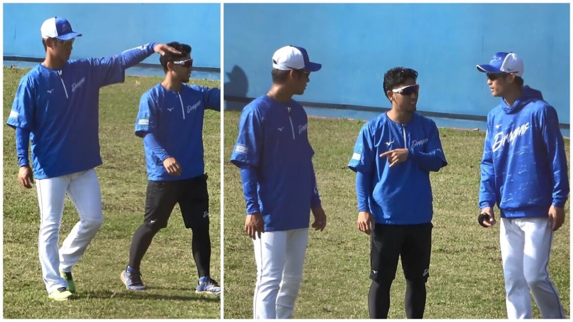 上林誠知、同じく読谷での別メニュー調整となったドラ1ルーキー草加勝を呼び寄せて言葉を交わす（2024年2月15日）