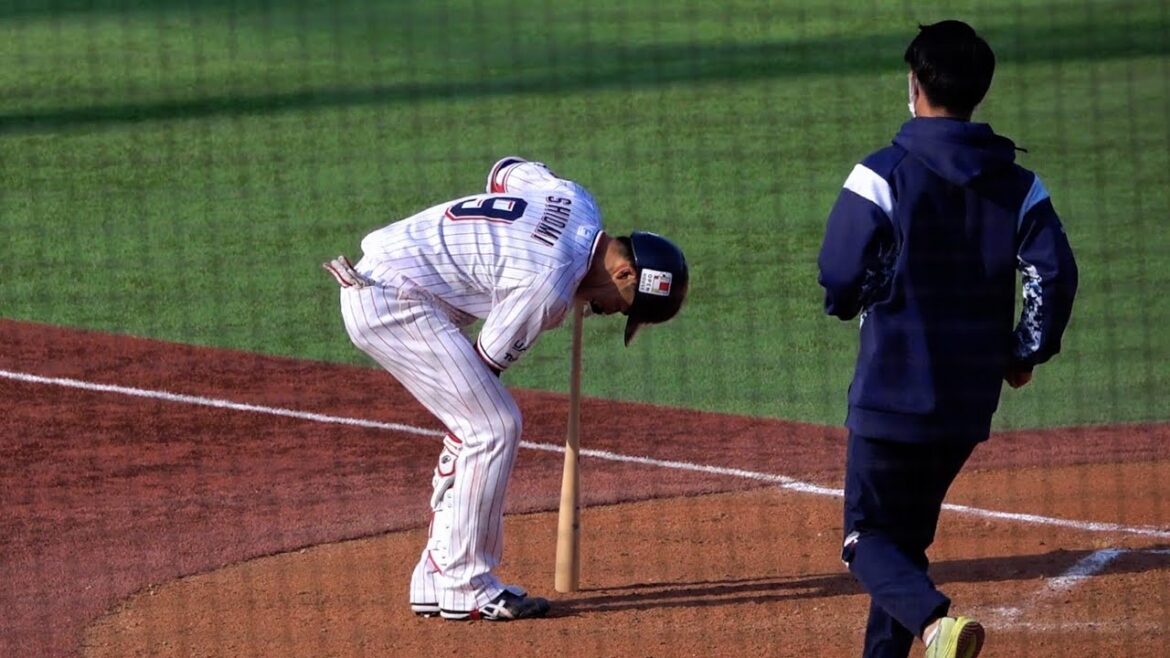 自打球にヒヤッ！離脱は避けたい…塩見泰隆にトレーナー駆け付けるもなんとか打席に戻る 2024/03/16 東京ヤクルトスワローズ  オープン戦