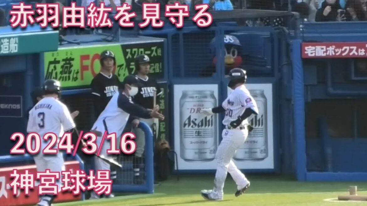 つば九郎、ホームランを放った赤羽由紘を見守る 2024/3/16