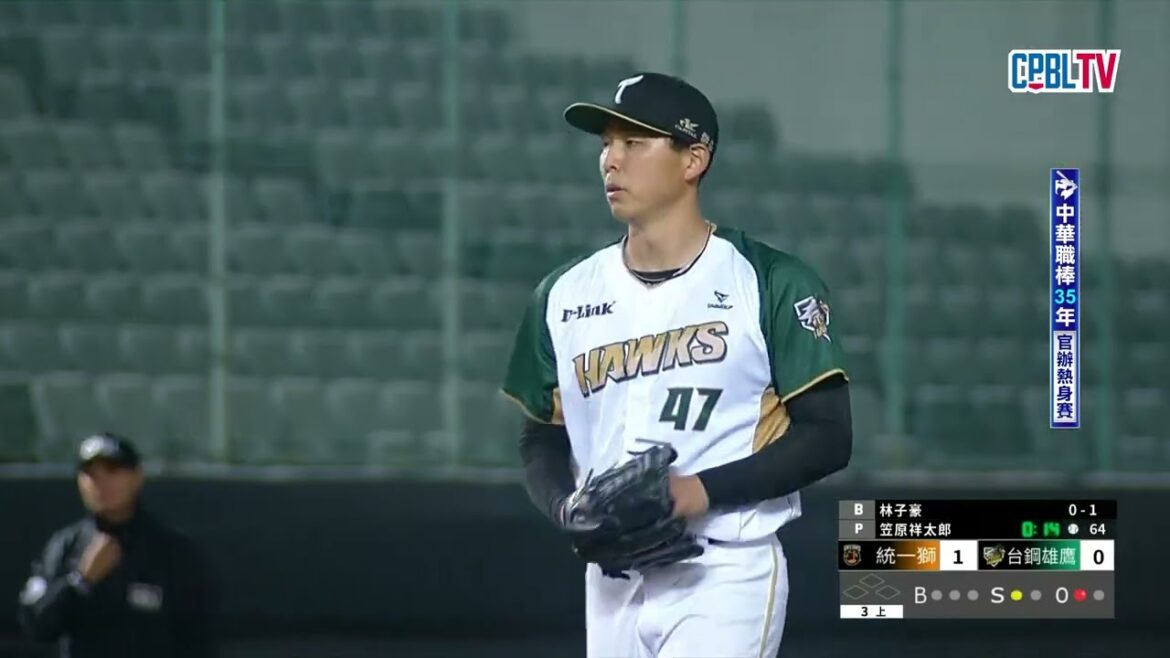 03/20 統一 VS 台鋼 三局上，笠原祥太郎投出本場比賽兩隊的第一個三上三下，其中包含兩次三振