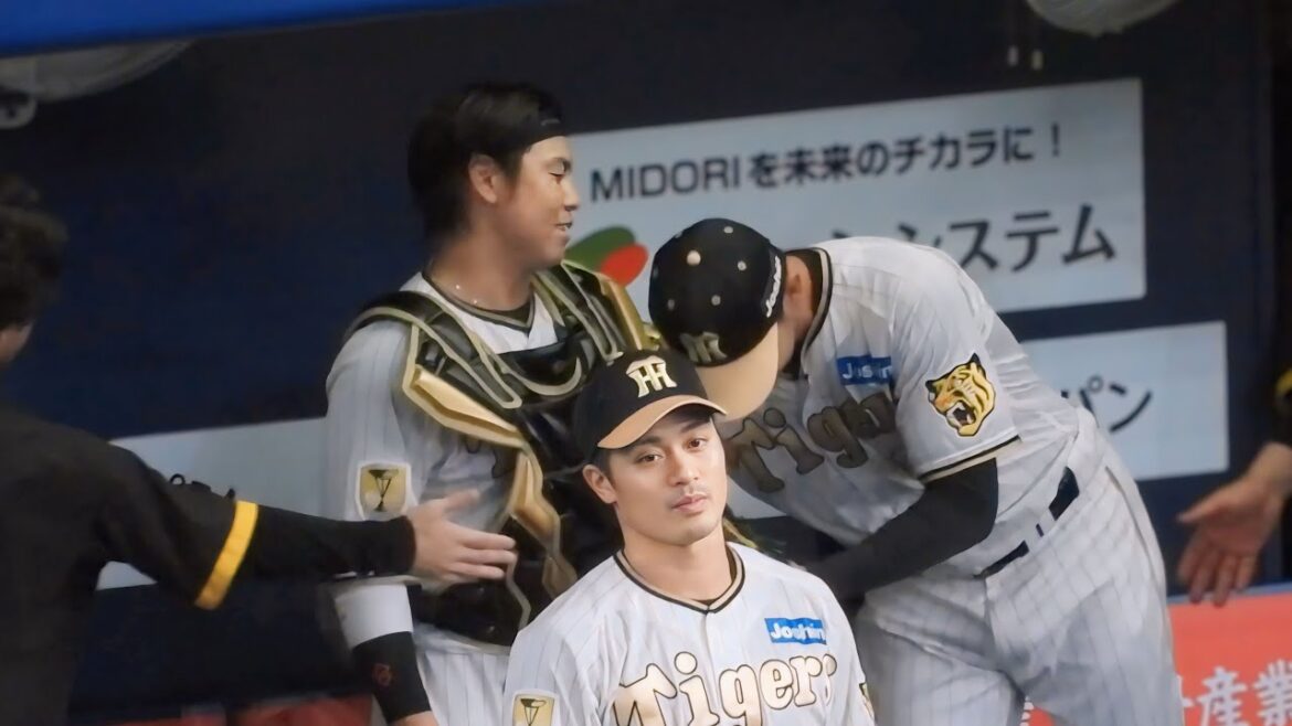 【牽制の魔術師】得意の牽制で二塁ランナーを刺したゲラ、ベンチに戻って梅野らとランナーの動きについてテンション高めに説明。ベンチの岡田監督もしてやったりの表情 2024.4.3