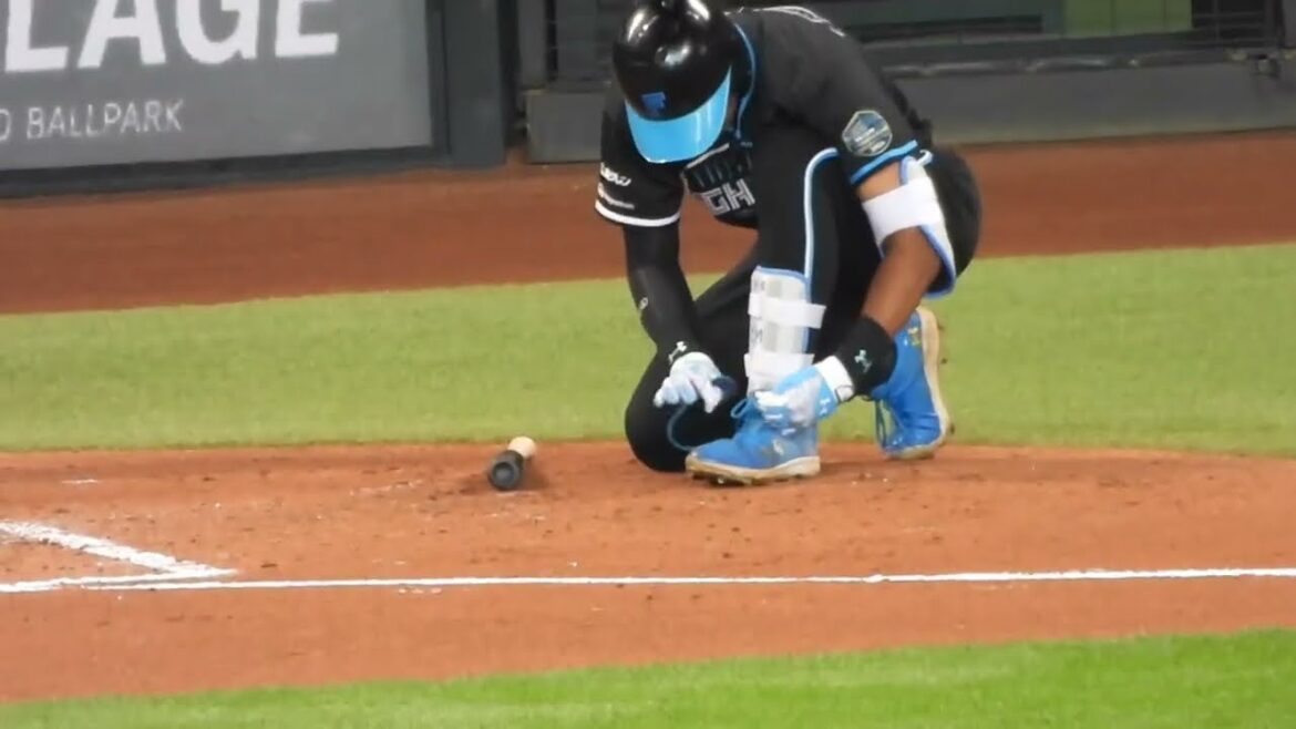 靴ひもを結ぶ時間が長い万波中正vsマダックス目前の松本航　日本ハム対西武ライオンズ　エスコンフィールド北海道