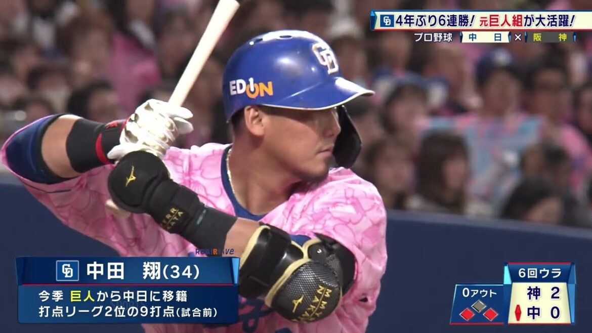 【中日】4年ぶりの6連勝！中田翔、山本泰寛ら 元巨人組が大活躍！6回一挙4得点で逆転勝利｜プロ野球 中日 対 阪神｜2024年4月13日
