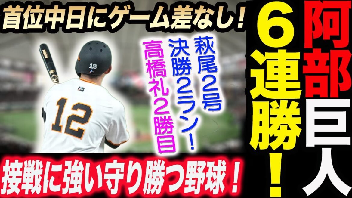 阿部監督止まらない巨人が6連勝！萩尾の2号決勝2ラン！高橋礼が２勝目！バルドナード大勢の好投！読売巨人軍 ジャイアンツ 巨人 GIANTS阿部監督