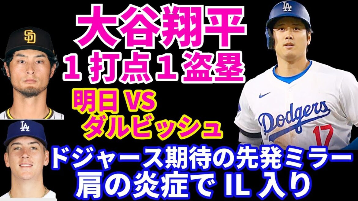 大谷翔平 1打点1盗塁2四球 明日ダルビッシュと対戦‼️ドジャース 期待の先発ミラーが肩の炎症でIL入り💦試合はストーンが素晴らしい投球&ベッツ2打点 大谷マンシー犠牲フライで得点し勝利 　NYY2勝