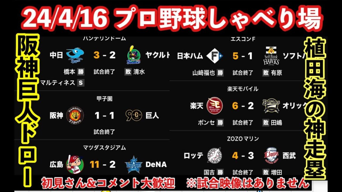 【プロ野球語り場】阪神巨人は雷雨コールド引き分け🏟️🗣️プロ野球セパ6試合振り返り⚾️初見12球団ファン＆コメント歓迎 24/4/16  #阪神タイガース #阪神  #プロ野球