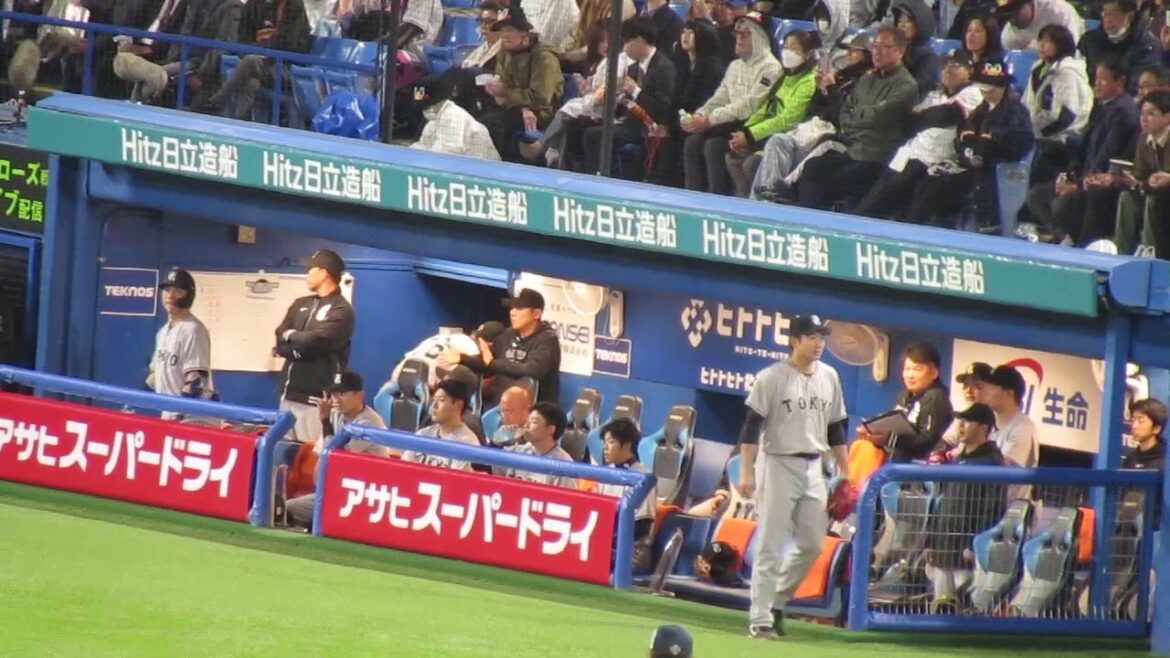 坂本勇人の打球に反応するジャイアンツベンチの松原聖弥など（ ヤクルトスワローズ対 読売ジャイアンツ2024年4月11日）