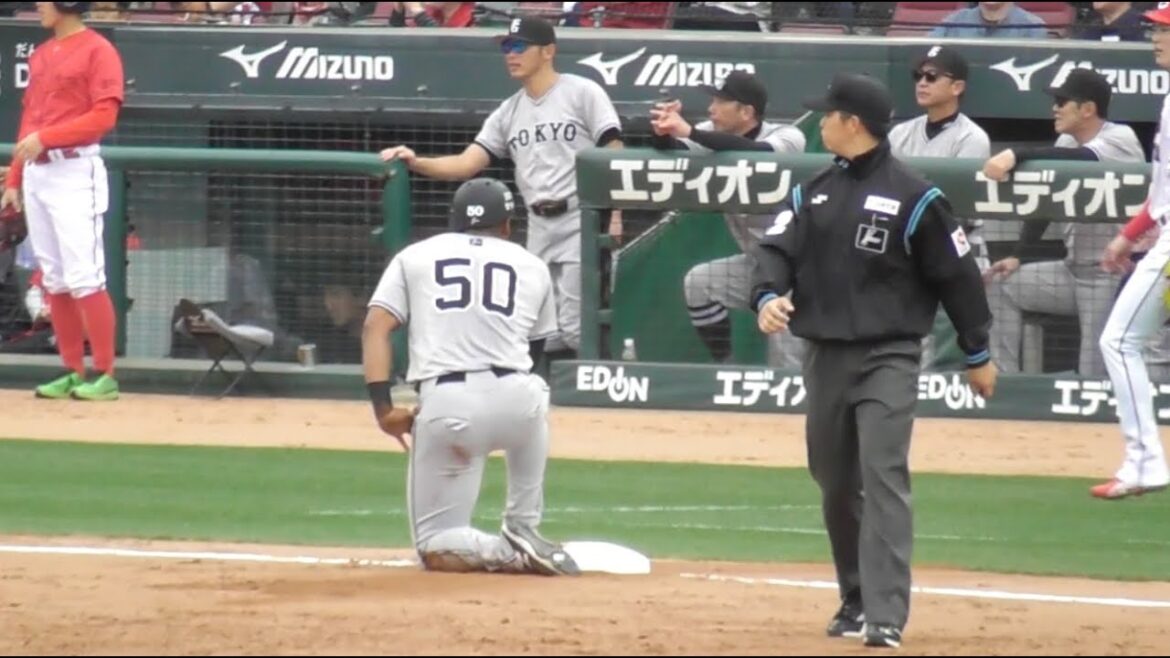 巨人オコエ選手, リプレイ検証を目で訴えるも阿部監督は目を合わさず...巨人vs広島 3回表