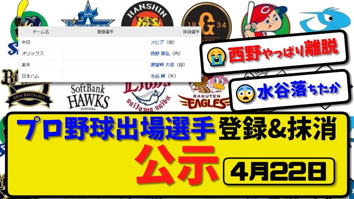 【公示】プロ野球 出場選手登録＆抹消 公示4月22日発表｜中日メヒア オリ西野 楽天津留崎 日本ハム水谷ら抹消 |【最新・まとめ・反応集・なんJ・2ch】