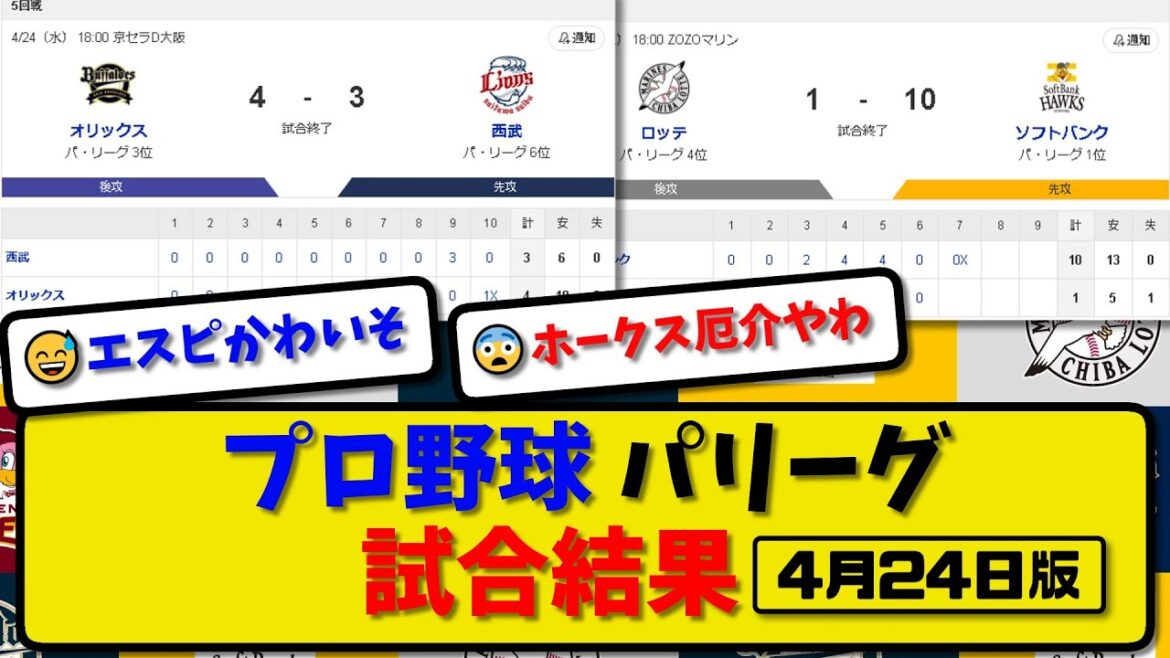 【最新】プロ野球パ・リーグ試合結果 4月24日版｜オリックス-西武｜ロッテ-ソフトバンク｜【まとめ・反応集・なんJ・2ch】