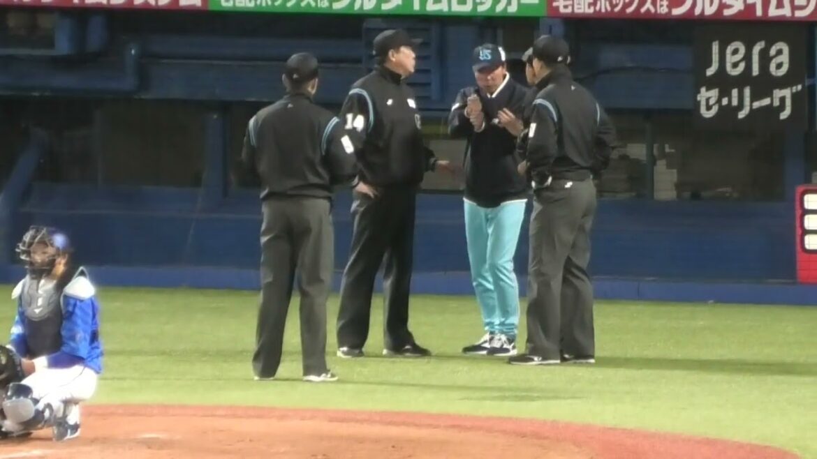 高津臣吾監督、サンタナの守備妨害に抗議する 2024/4/20