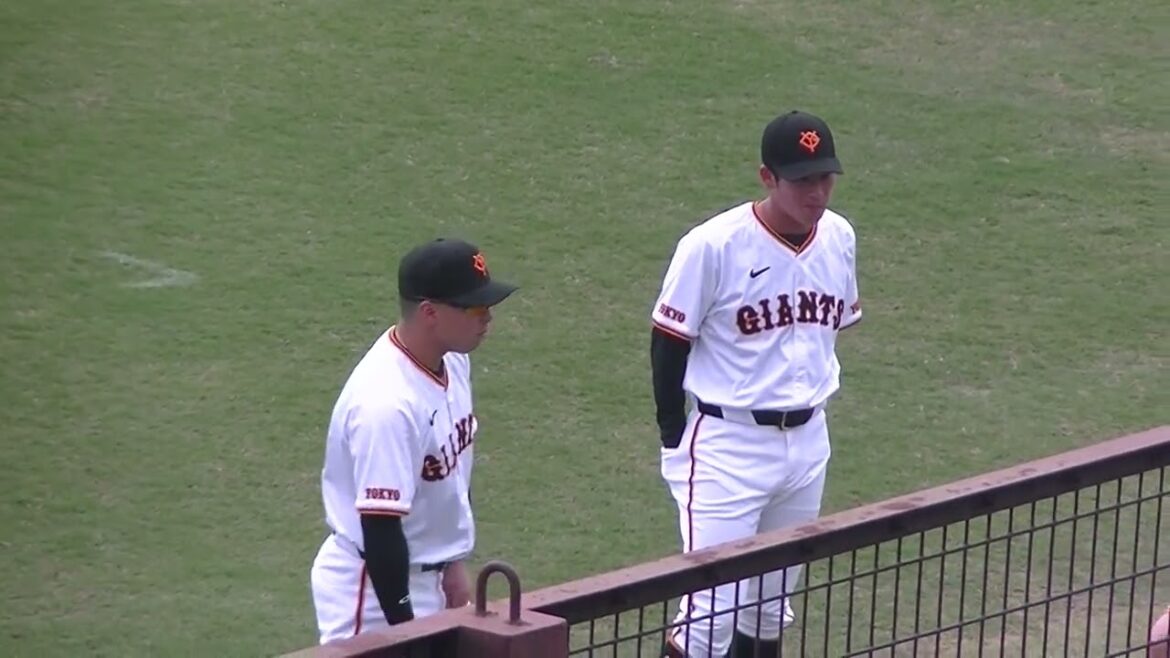 試合前の楽しそうな浅野翔吾や松原聖弥など（2024年4月18日  読売ジャイアンツ対 日本ハムファイターズ 2軍）