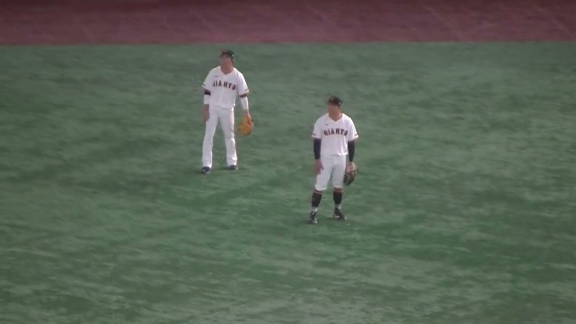 外野ノック スローイングする佐々木俊輔と重信慎之介（2024年4月30日 読売ジャイアンツ対 ヤクルトスワローズ）