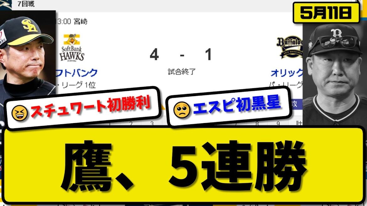 【1位vs5位】ソフトバンクホークスがオリックスバファローズに4-1で勝利…5月11日5連勝で貯金14…スチュワート今季初勝利…オリックス先発エスピノーザ初黒星【最新・反応集・なんJ・2ch】プロ野球