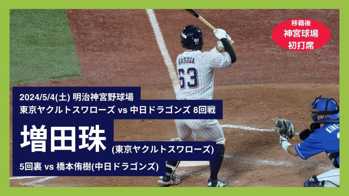 【増田珠 初打席(神宮球場)】2024/5/4(土) 増田珠 打席(5回裏) センターフライ vs 橋本侑樹(中日ドラゴンズ)