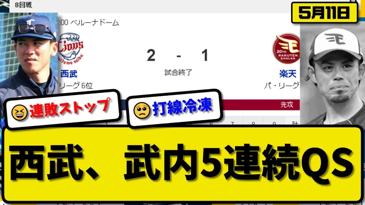 【4位vs6位】西武ライオンズが楽天イーグルスに2-1で勝利…5月11日連敗を4でストップ…先発武内7回1失点でデビューから5連続QS達成【最新・反応集・なんJ・2ch】プロ野球