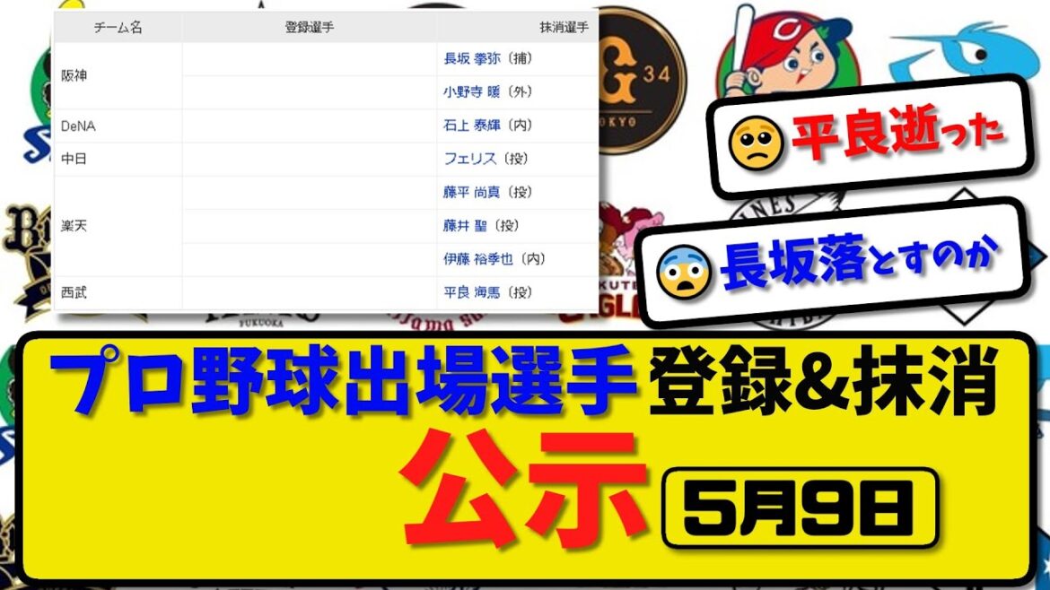 【公示】プロ野球 出場選手登録＆抹消 公示5月9日発表｜阪神長坂&小野寺 横浜石上 中日フェリス 楽天藤平&藤井&伊藤 西武平良ら抹消【最新・まとめ・反応集・なんJ・2ch】