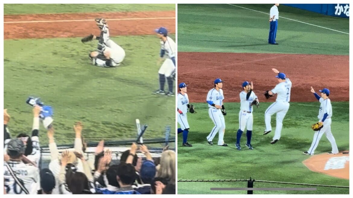 【筒香復帰初戦 勝利の瞬間】山本祐大フライ後転キャッチで試合終了ハイタッチ森原康平筒香嘉智横浜DeNAベイスターズ2024年5月6日東京ヤクルトスワローズ