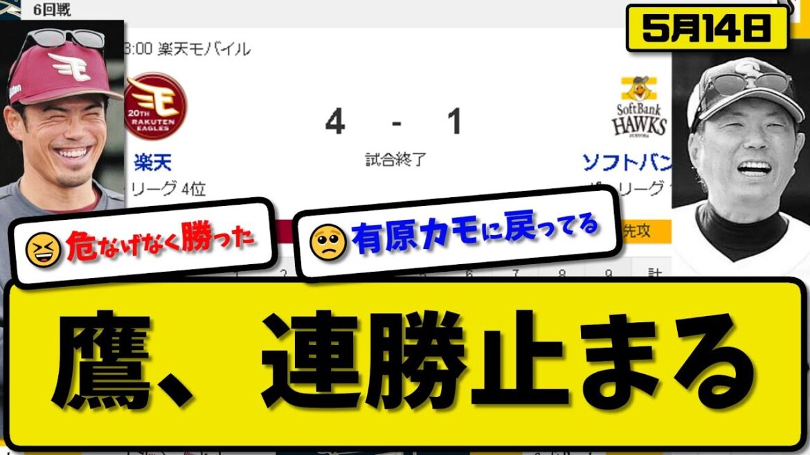 【1位vs4位】ソフトバンクホークスが楽天イーグルスに1-4で敗戦…5月14日連勝が５で止まる…先発有原６回４失点【最新・反応集・なんJ・2ch】プロ野球