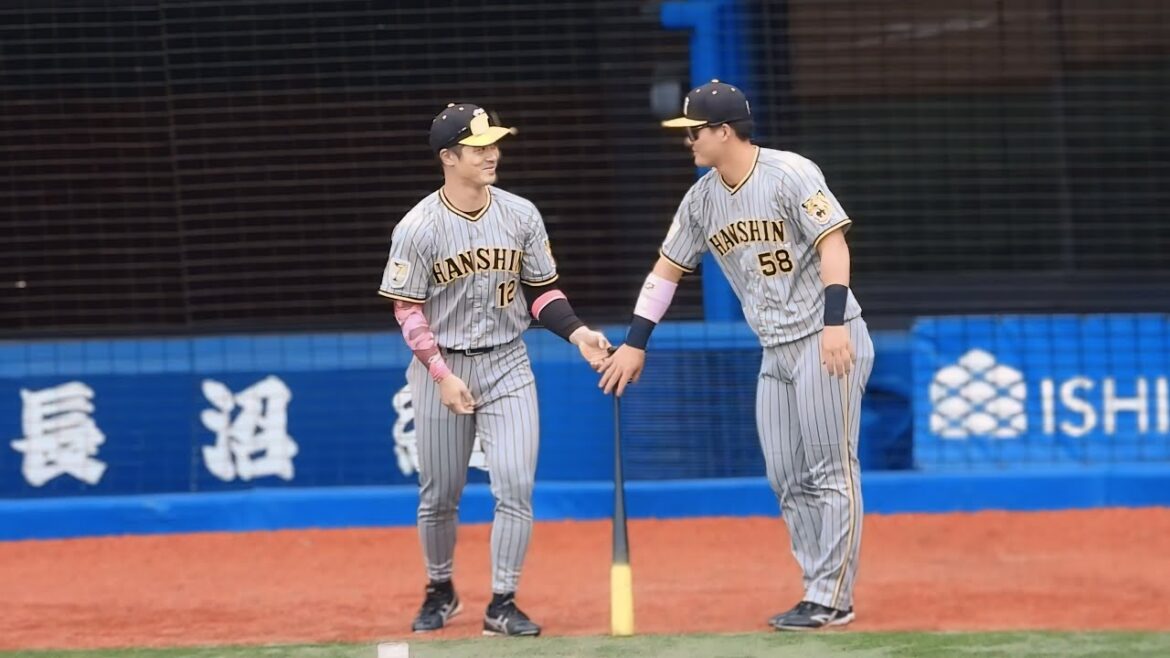 【先輩すみません】ベンチに原口しかおらず才木の代わりにネクストバッターズサークルに立つ坂本誠志郎。慌てて戻ってきた若手の中で前川が坂本と交代する 2024.5.12