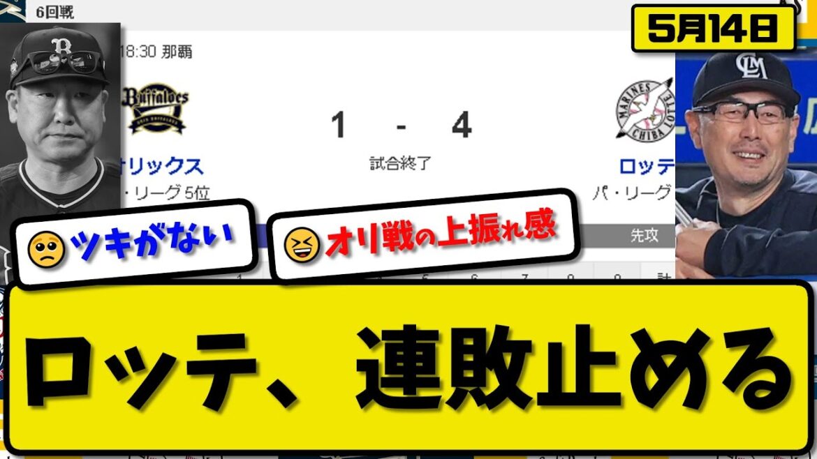 【3位vs5位】ロッテマリーンズがオリックスバファローズに4-1で勝利…5月14日連敗を止める…先発西野5回1失点…岡が活躍【最新・反応集・なんJ・2ch】プロ野球